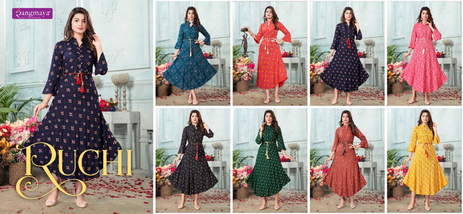 Ruchi By Rangmaya Rayon Printed Party Wear Kurtis Wholesale Shop In Surat
